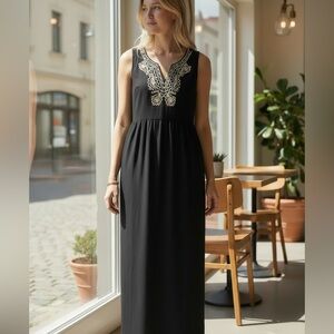 Black Maxi Dress with White Embroidery